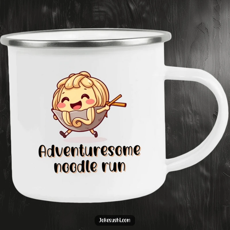 Funny Camping Mug featuring a ramen noodle character playfully chasing a chopstick, perfect for outdoor meals.