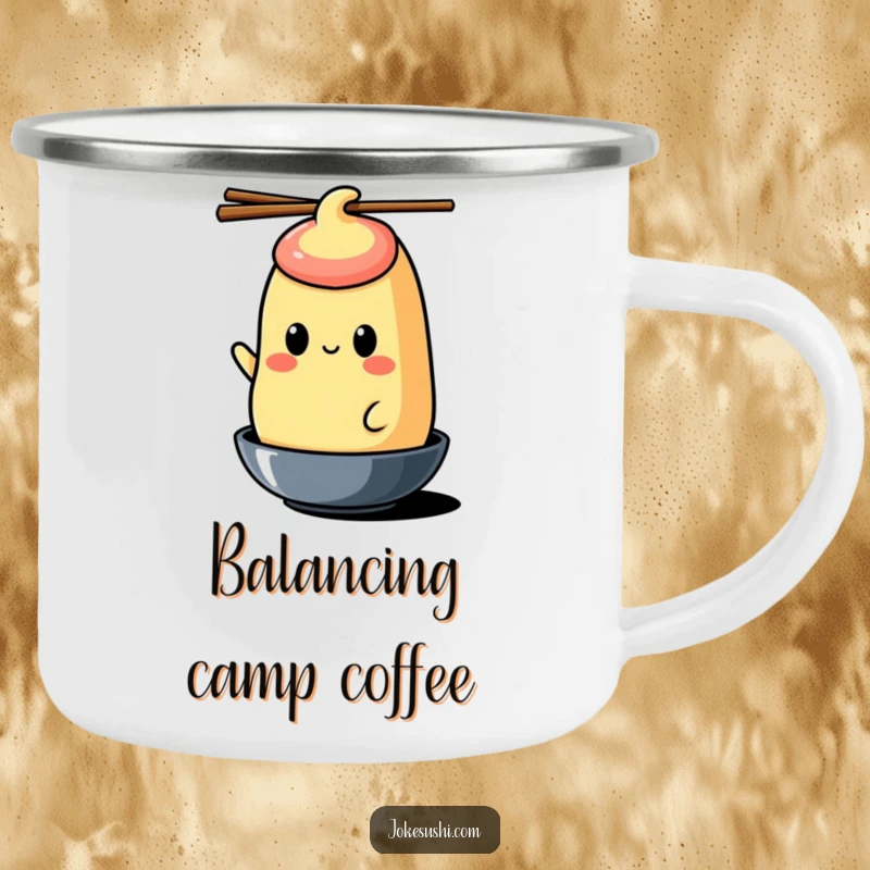 Funny tamagoyaki camping mug with a cheerful character balancing chopsticks on its head, ideal for adventures.