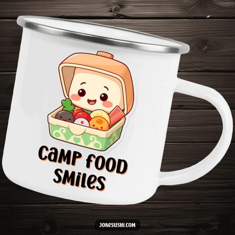 Funny camping mug of a grinning bento box popping open to reveal smiling food items, perfect for outdoors.
