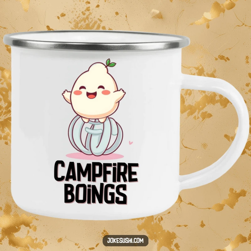 Funny grinning dumpling character bouncing on a giant spring, a durable and amusing camping mug for outdoor fun.