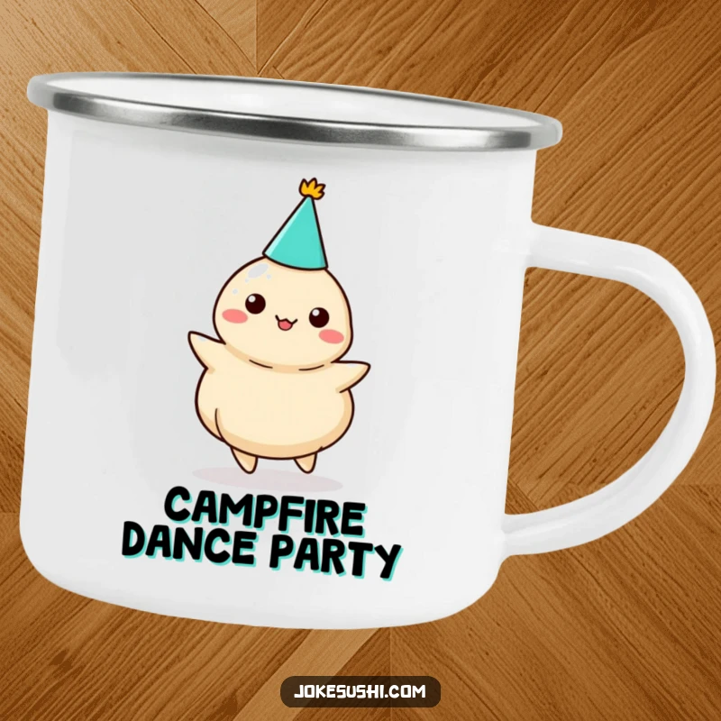 Funny dumpling party camping mug, a character in a party hat twirling, perfect for festive outdoor enjoyment.