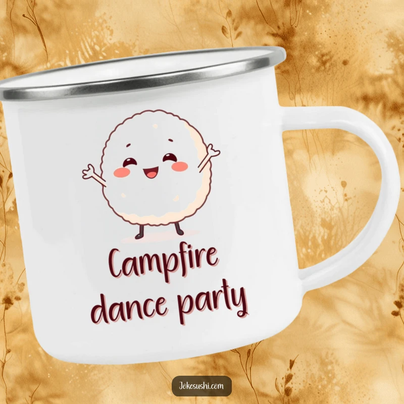 Funny camping mug with a smiling rice ball character doing a silly dance, bringing a playful and humorous vibe to outdoor trips.
