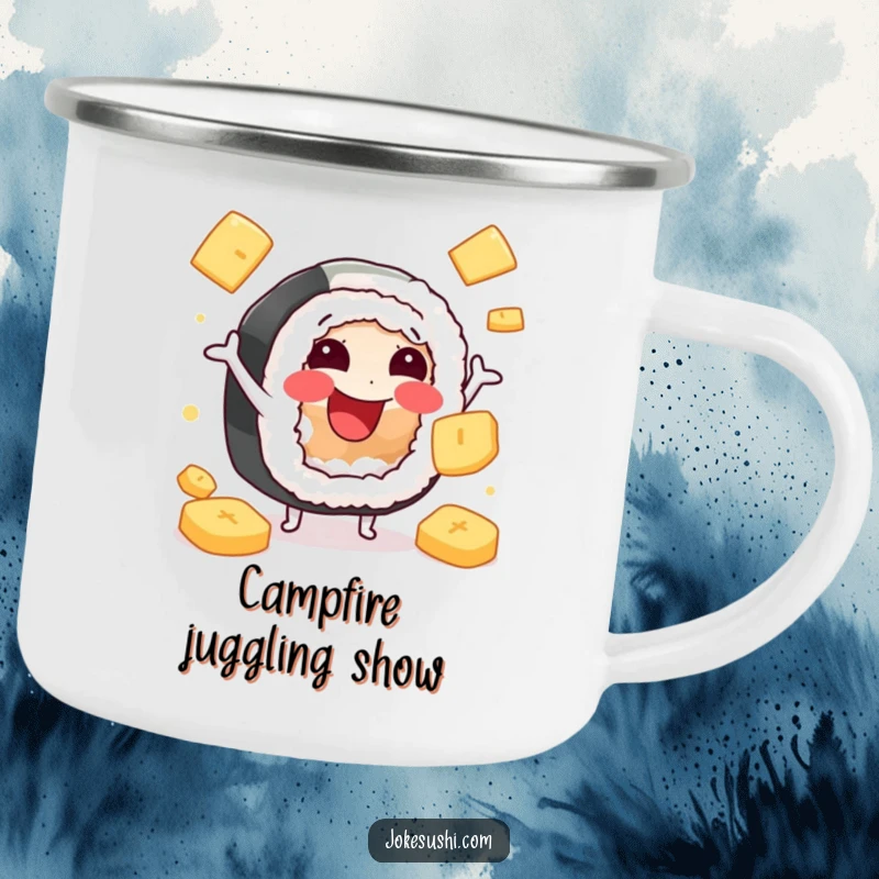 Funny camping mug featuring a happy sushi roll character juggling ginger slices, durable for outdoor fun and humorous enjoyment.