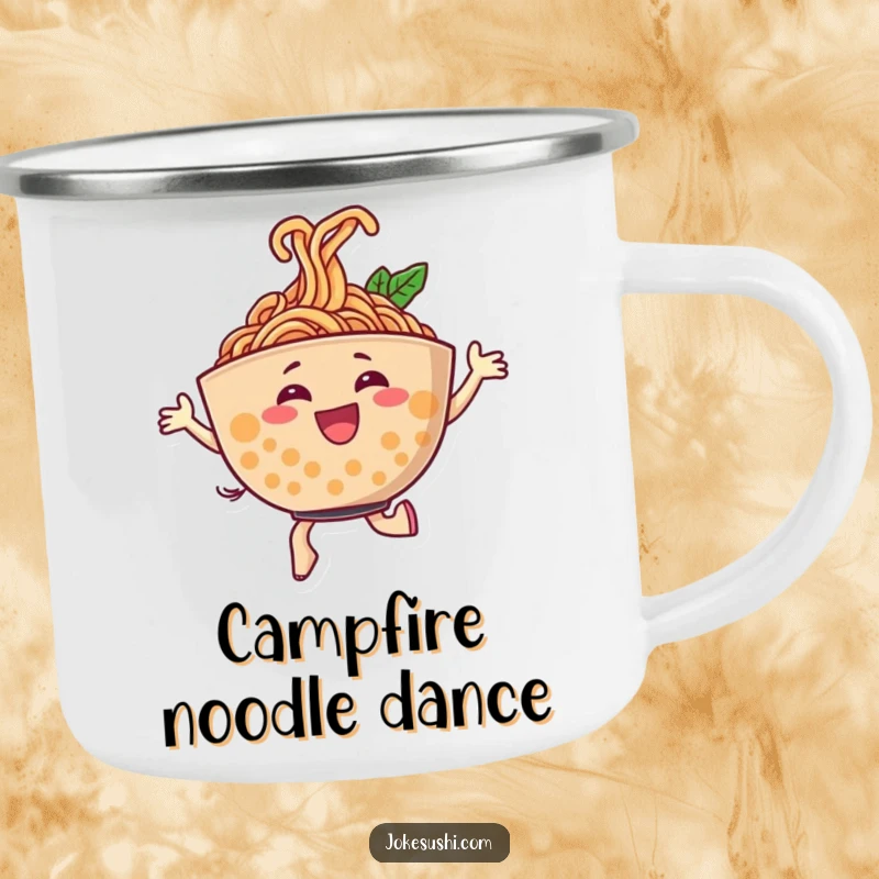 Funny enamel camping mug with a cheerful ramen bowl character dancing energetically, noodles forming a joyful swirl, durable for outdoor use.