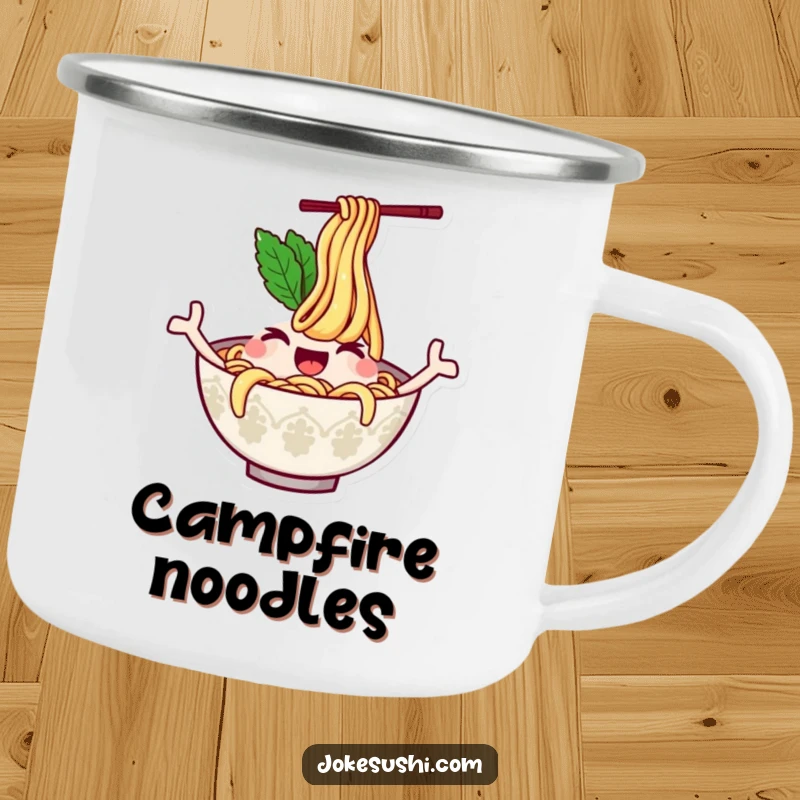 Funny camping mug with a winking ramen bowl character whose noodles wave like arms, designed for adventurous eaters who enjoy durable, humorous gear.