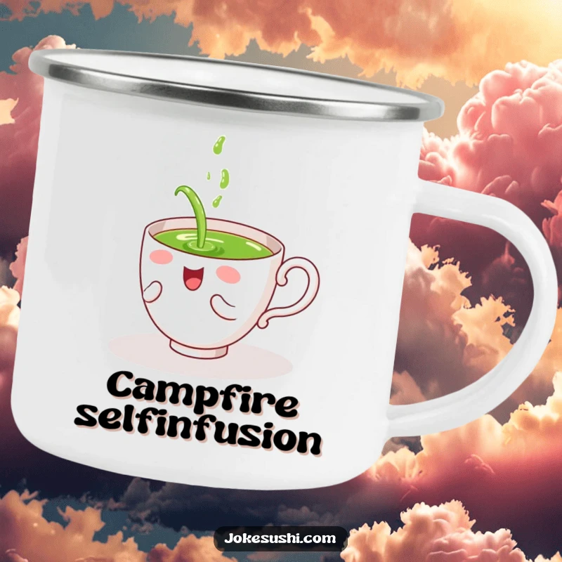 Funny camping mug featuring a giggling tea cup character spilling green tea on itself, durable for outdoor fun and humorous enjoyment.