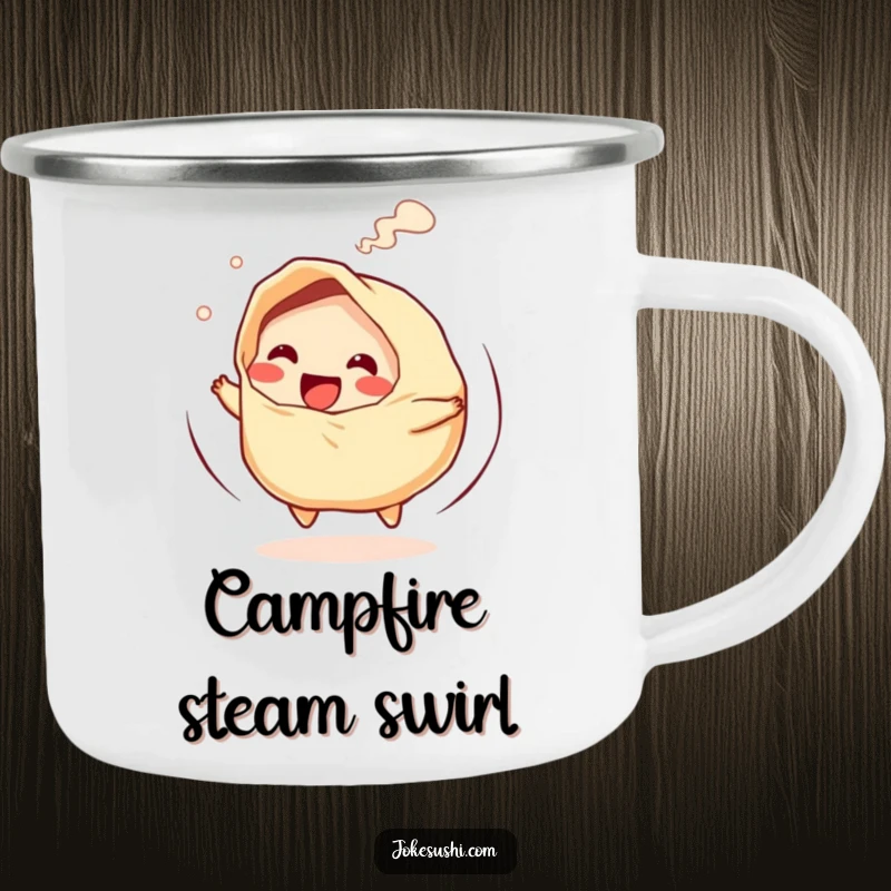 Funny camping mug with a giggling gyoza character spinning with steam, perfect for outdoor enthusiasts.