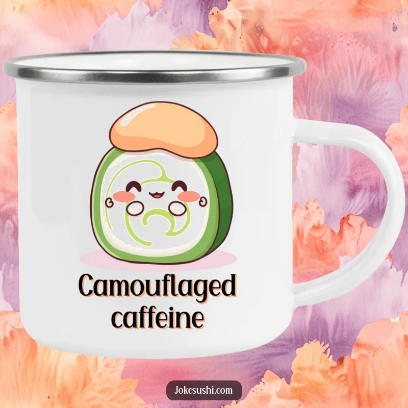 Funny shy cucumber roll camping mug with a cute sushi peeking from behind wasabi, durable and perfect for outdoor charm.