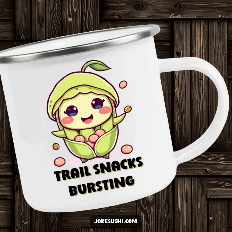 Funny enamel camping mug with a smiling edamame pod character with beans popping out, ideal for outdoor enthusiasts and healthy food fans.