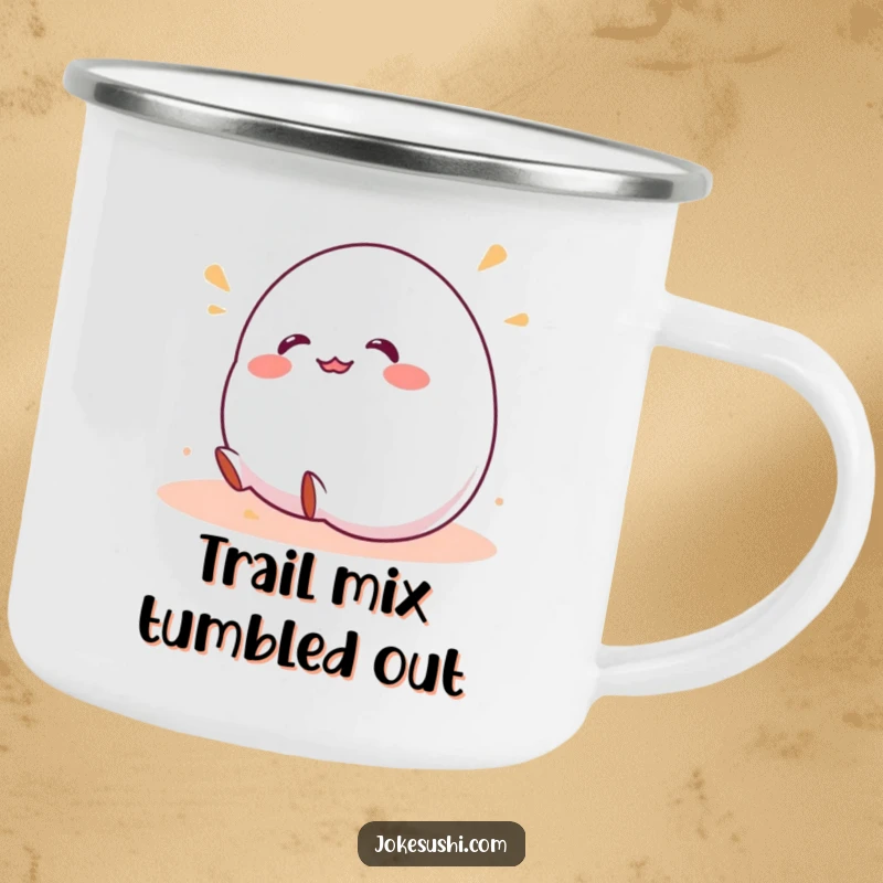 Funny enamel camping mug with a wobbly mochi character giggling while rolling downhill, ideal for outdoor enthusiasts and mochi lovers.