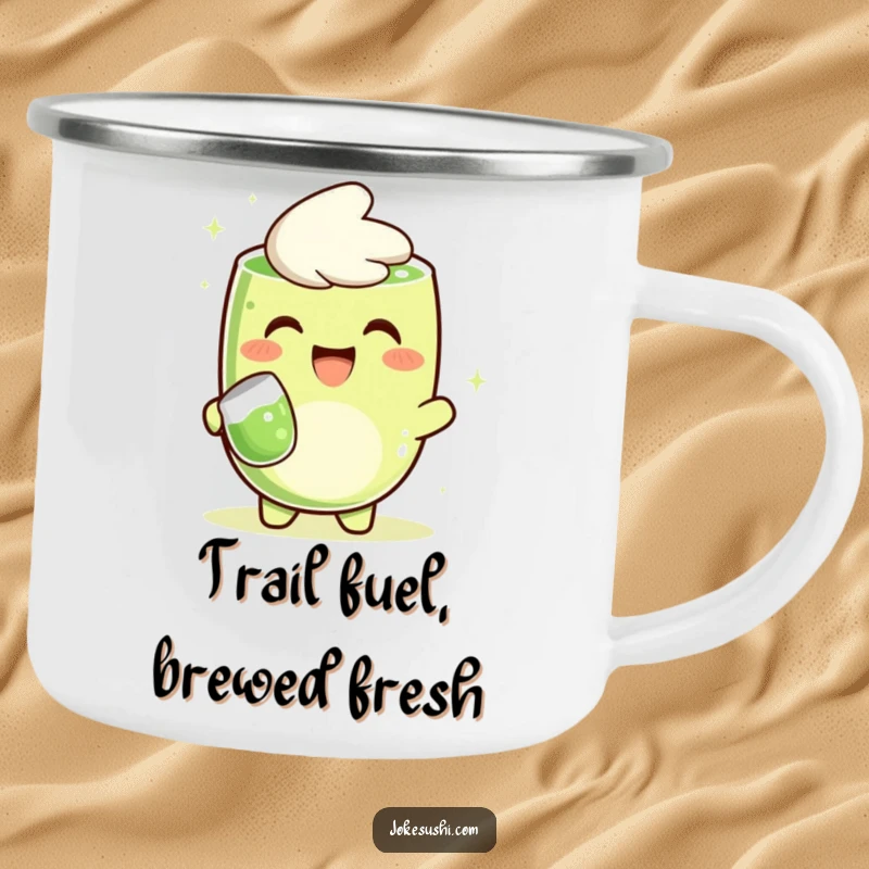 Funny camping mug with a happy matcha green tea character cheerfully pouring tea, perfect for outdoor adventures and humor.