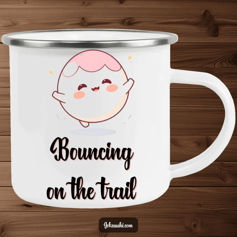 Funny mochi camping mug with a happy character bouncing enthusiastically like a ball, perfect for outdoor enthusiasts who love fun.