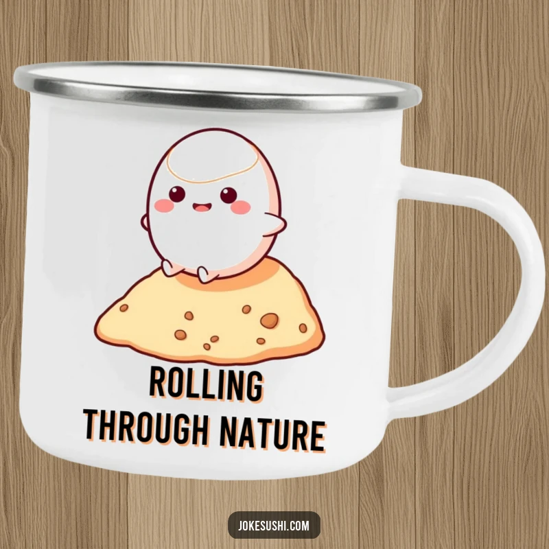 Funny camping mug showing a bouncy mochi character rolling down a small hill, perfect for foodies who enjoy playful and humorous outdoor gear.