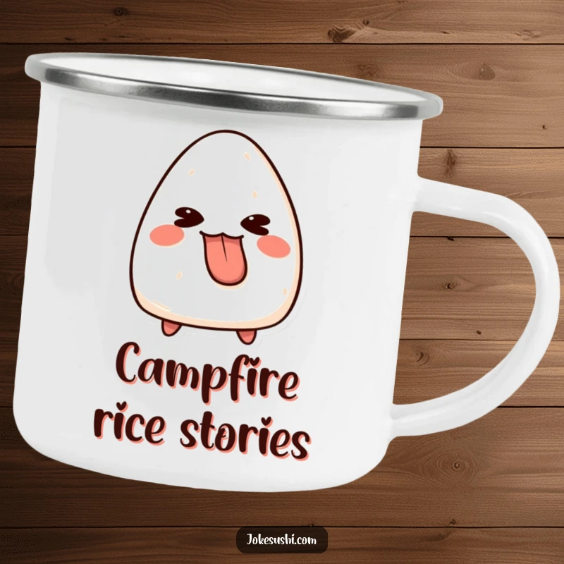 Funny onigiri camping mug featuring a mischievous character sticking its tongue out playfully, perfect for outdoor enthusiasts who love humor.