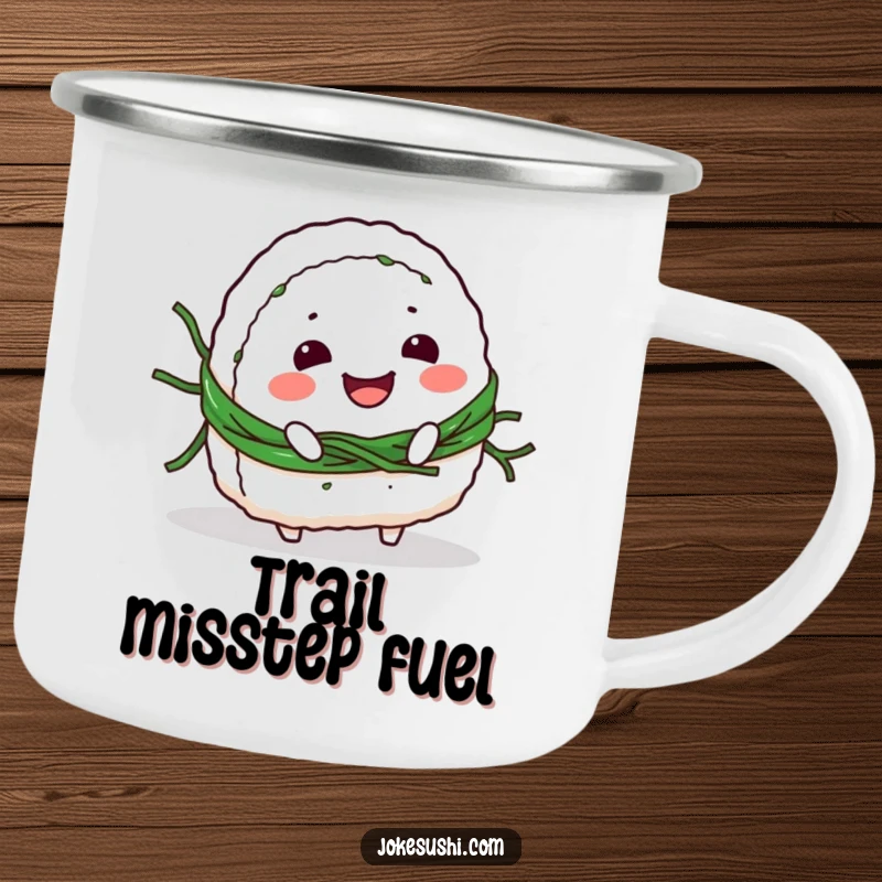 Funny Camping Mug: Smiling onigiri character tripping over its seaweed belt, ready for outdoor fun and humorous moments.