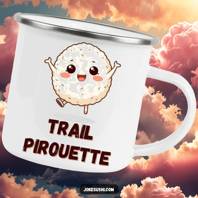 Funny camping mug with a joyful rice ball character performing a cartwheel, designed for outdoor enthusiasts who appreciate a humorous, durable item.