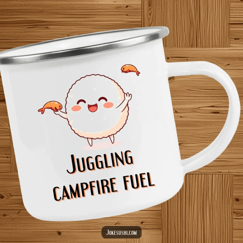 Funny rice ball camping mug with a smiling character juggling shrimp, ideal for outdoor adventures.