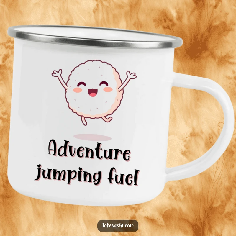 Funny Rice Ball Camping Mug: A happy rice ball with short arms playfully jumps during an outdoor meal, a humorous camping essential.
