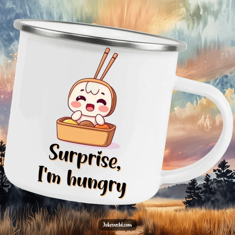 Funny camping mug showing a surprised bento box character with chopsticks sticking out, perfect for foodies who enjoy humorous outdoor gear.