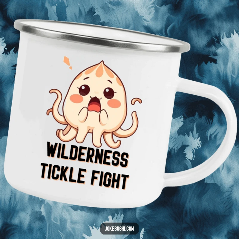 Funny surprised takoyaki character with its tentacles playfully tickled, on a durable funny camping mug.