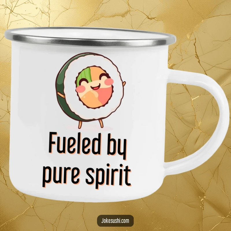 Funny Sushi Roll Camping Mug: A smiling sushi roll with tiny legs executes a cartwheel during an outdoor adventure, a humorous camping essential.