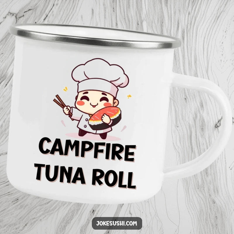 Funny camping mug with a playful sushi chef character spinning a piece of tuna, great for outdoors.