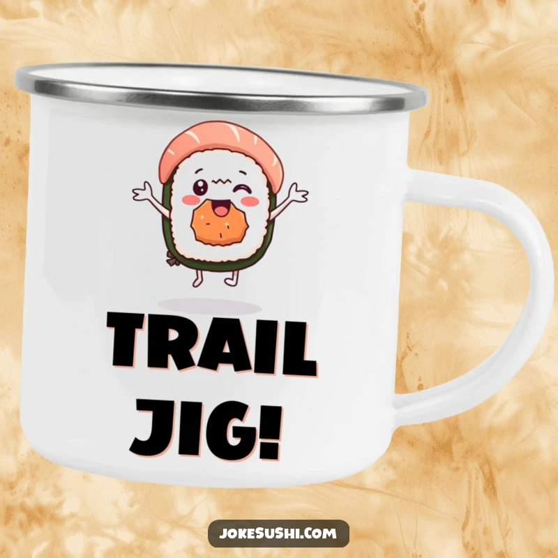 Funny sushi nigiri camping mug with a delighted character dancing, designed for outdoor fun. A durable and humorous drinkware.