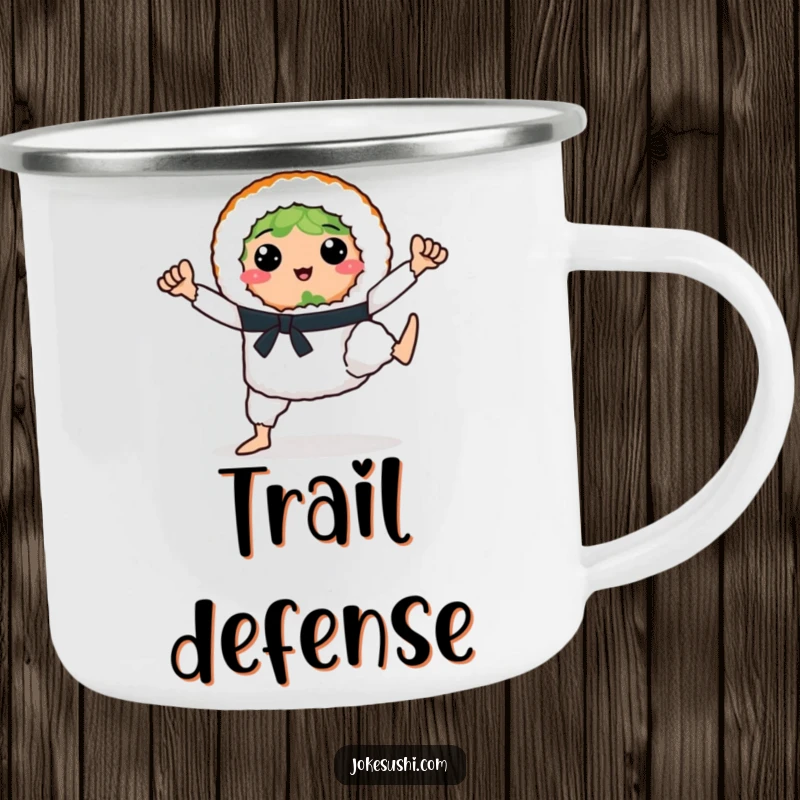Funny sushi roll character in a karate stance on a durable enamel camping mug, ready for trailside snacks.