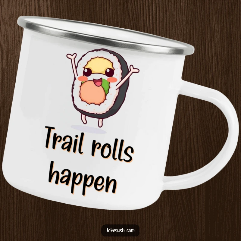 Funny Camping Mug: A sushi roll character performing a cheerful somersault, a fun and durable funny gift for the outdoors.