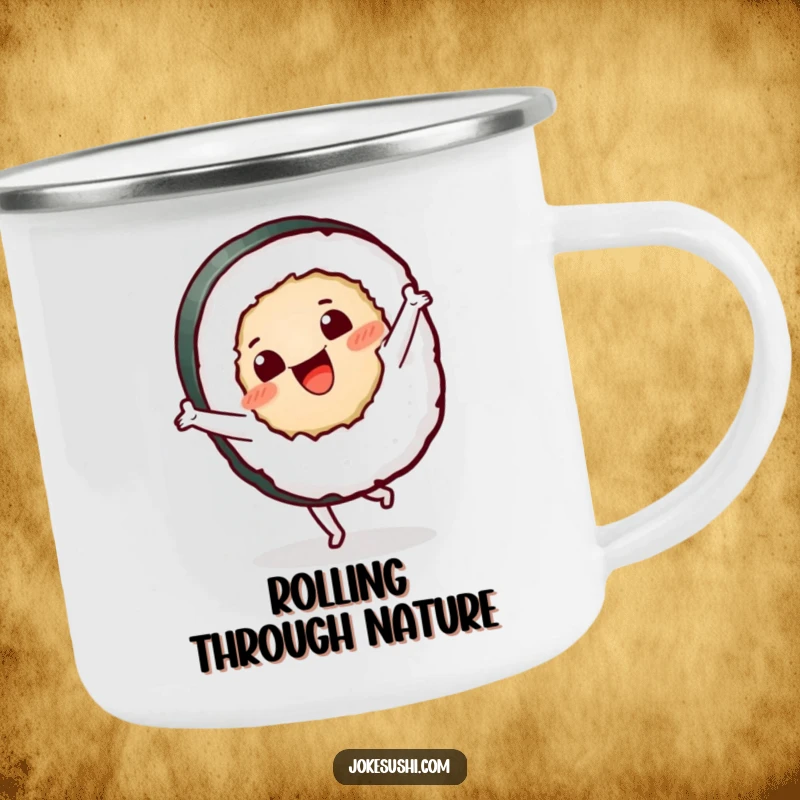 Funny sushi roll camping mug with a cheerful character doing a cartwheel, ideal for outdoor adventures.