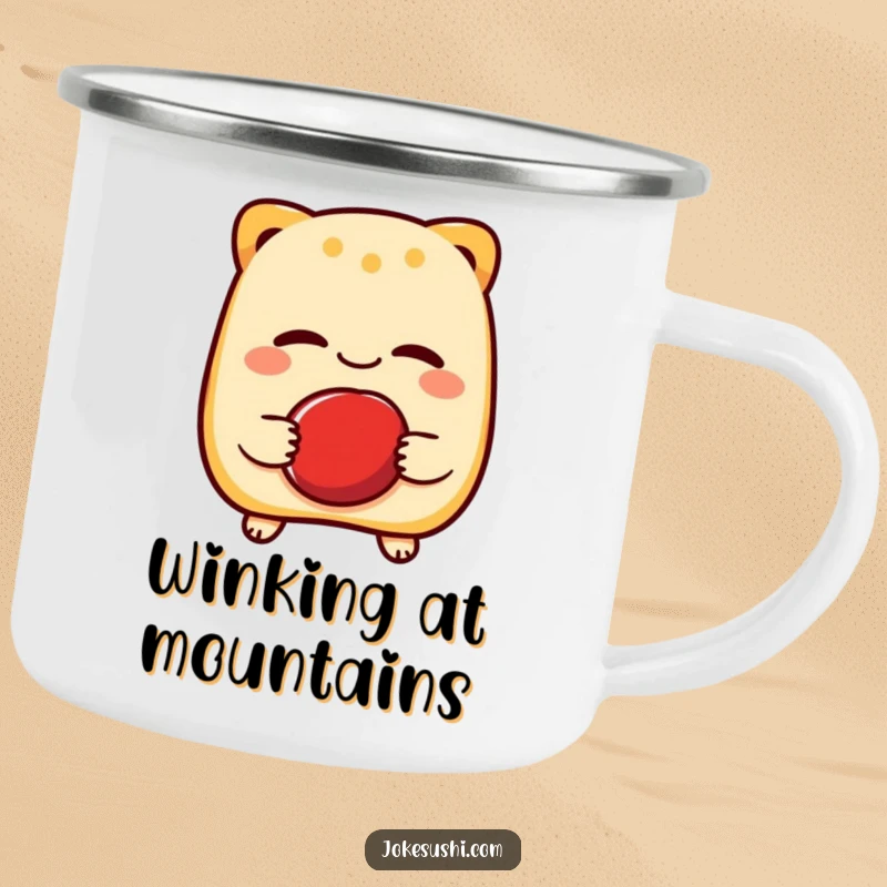 Funny camping mug showing a cheerful taiyaki character winking while holding a red bean, perfect for foodies who enjoy sweet and humorous outdoor gear.