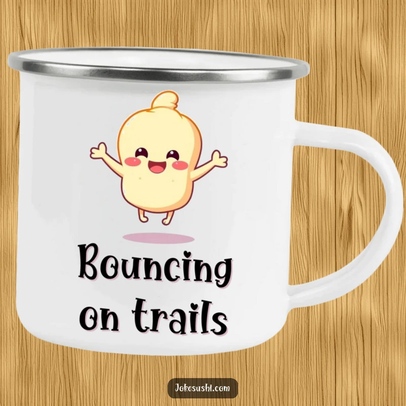 Funny Tempura Camping Mug: Happy tempura character bouncing with joy on tiny legs, great for outdoor drinks and adding funny, bouncy vibes.