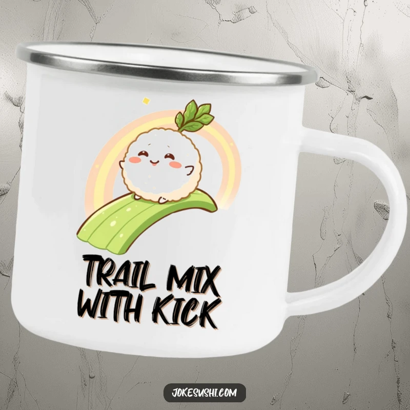 Funny camping mug featuring a smiling rice ball character sliding down a wasabi rainbow, durable for adventures and humorous enjoyment.