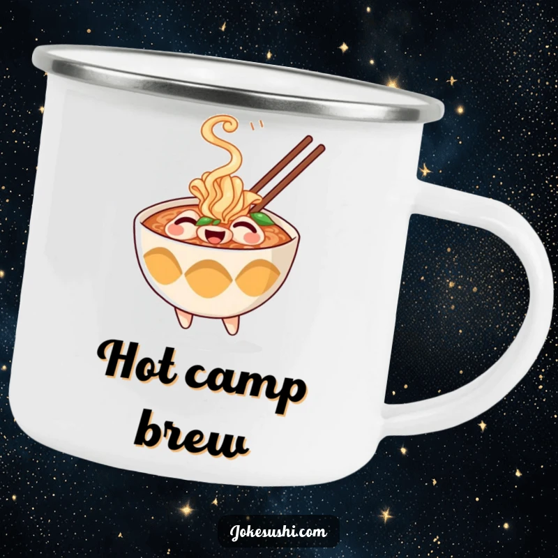 Funny camping mug with a cheerful ramen bowl character playfully puffing steam, bringing a warm and humorous vibe to outdoor trips.