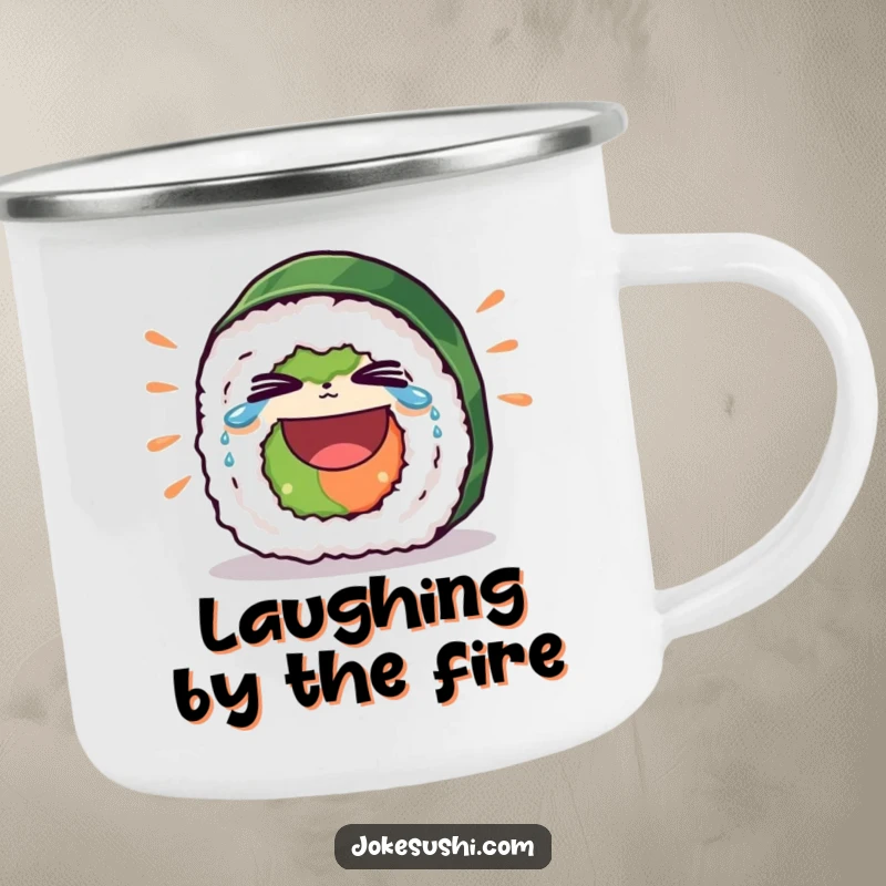Funny enamel camping mug with a sushi roll character laughing hysterically, tears streaming from its eyes, durable for outdoor use.
