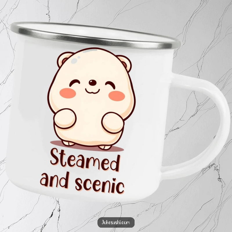 Funny enamel camping mug featuring a rosy-cheeked dumpling peeking from behind hands, designed for outdoor use with kawaii humor.