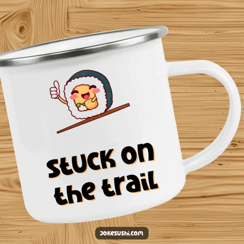 Funny Sushi Roll Camping Mug: Cheerful character thumbs up, balancing on chopsticks, under starry skies.