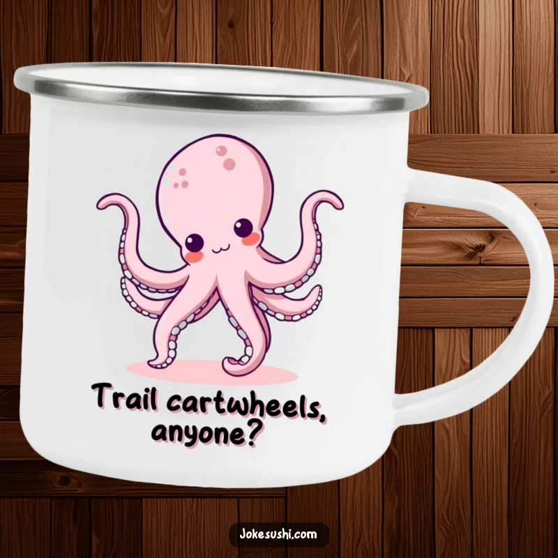Funny kawaii octopus character performing a cartwheel with bouncy tentacles, a sturdy and amusing camping mug for outdoor adventures.