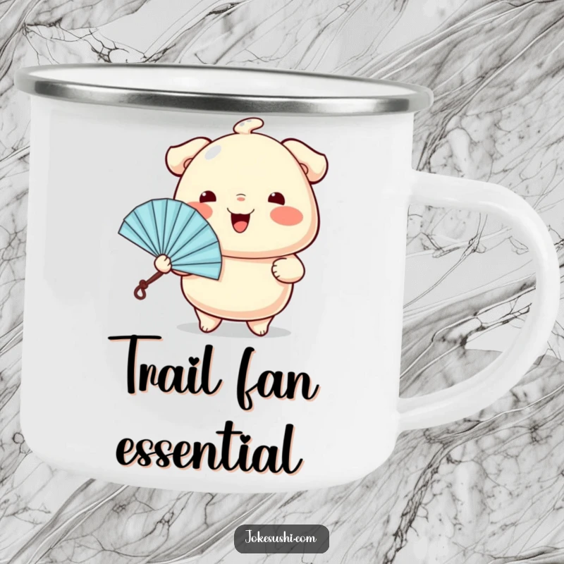 Funny camping mug featuring a wiggling dumpling character cheerfully offering a tiny fan, perfect for enjoying drinks outdoors.