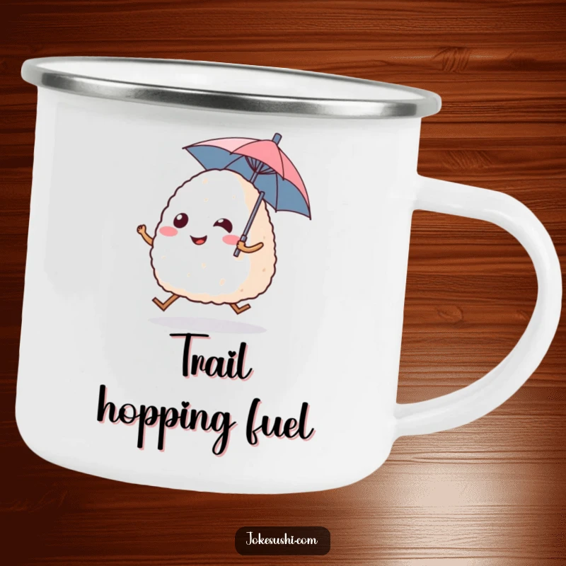 Funny enamel camping mug with a smiling onigiri rice ball character hopping, holding a small umbrella, durable for outdoor use.