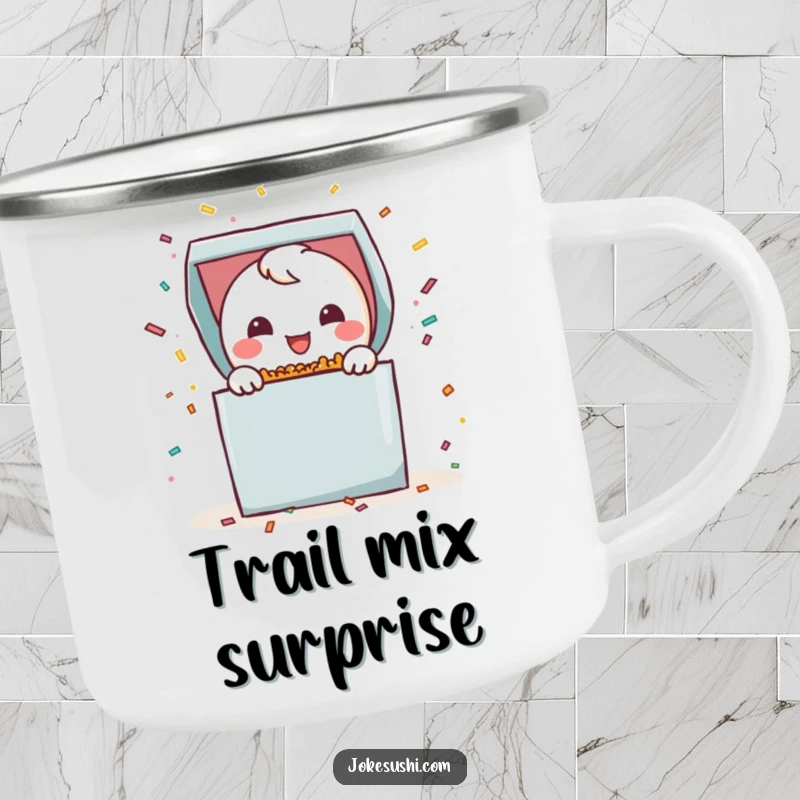 Funny bento box camping mug with a smiling character popping open with confetti, perfect for celebrating adventures outdoors.