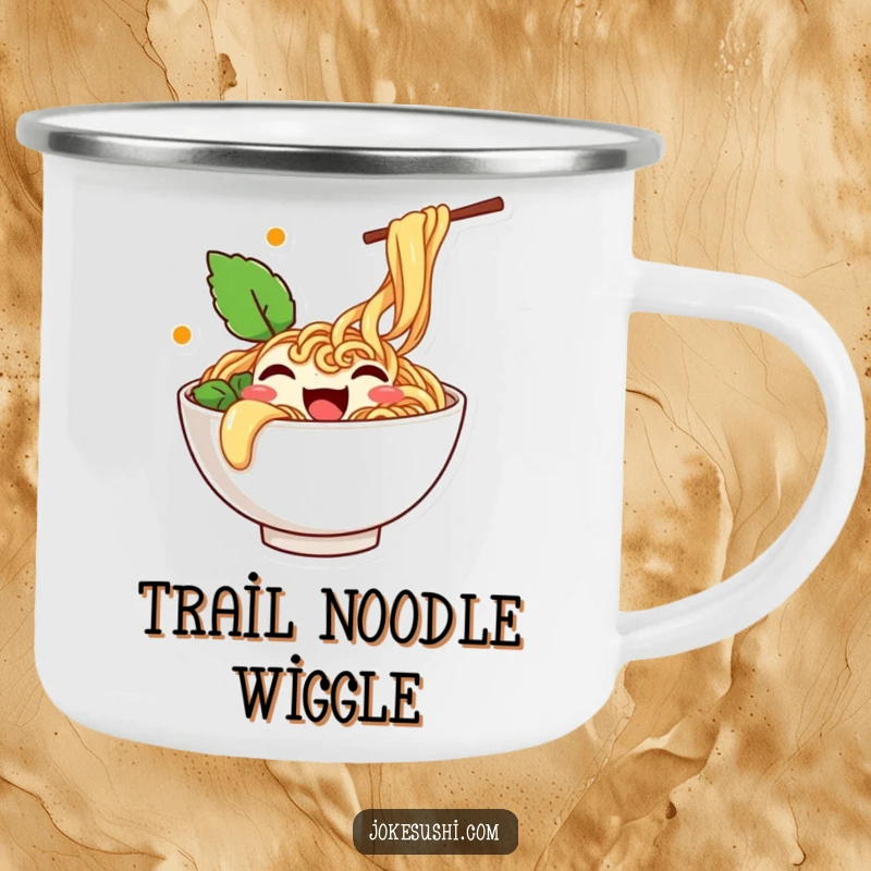 Funny camping mug showing a happy ramen bowl character overflowing with noodles and wiggling, ready for the outdoors.