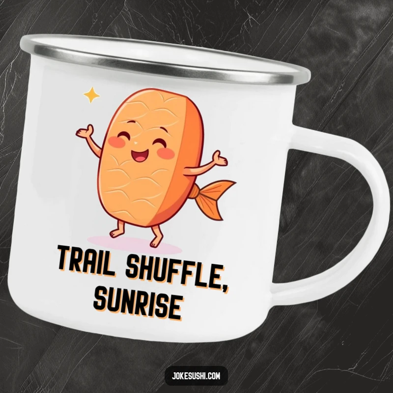 Funny salmon nigiri camping mug with a smiling sushi dancing joyfully, sturdy and perfect for adventurous laughter.