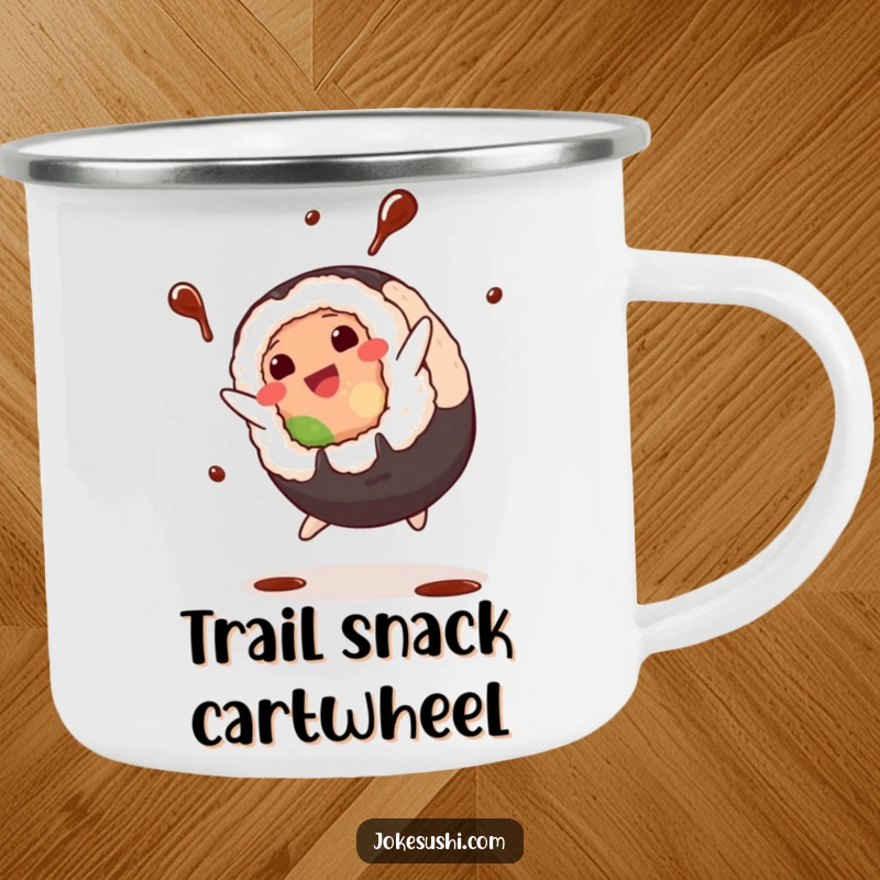Funny Camping Mug: Plump sushi roll character mid-cartwheel with soy sauce splashing, great for outdoor enjoyment and humor.