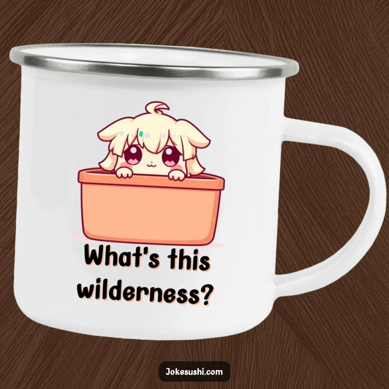 Funny bento box camping mug, a character peeking with wide eyes, perfect for curious outdoor enjoyment.