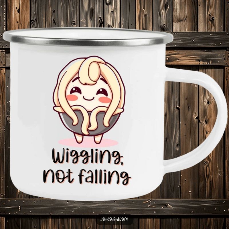 Funny camping mug showing a delighted udon noodle character wiggling with glee, perfect for outdoor enthusiasts who enjoy food-themed humor.