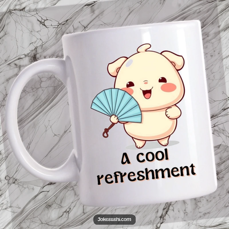 Funny mug featuring a wiggling dumpling character cheerfully offering a tiny fan, symbolizing cool comfort and cuteness.