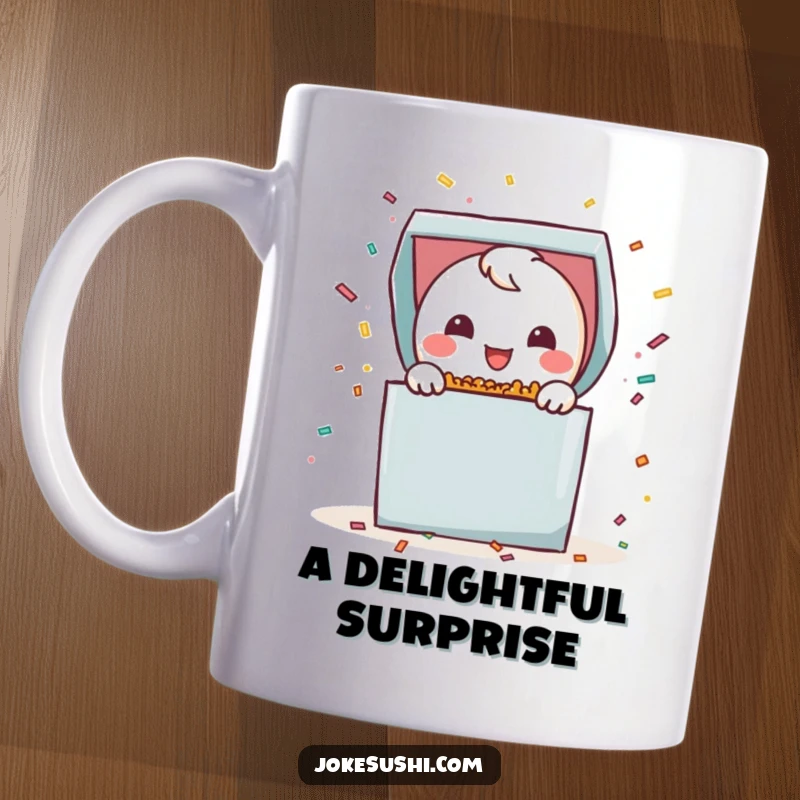 Funny bento box mug with a smiling character popping open with colorful confetti, symbolizing celebration and good times.