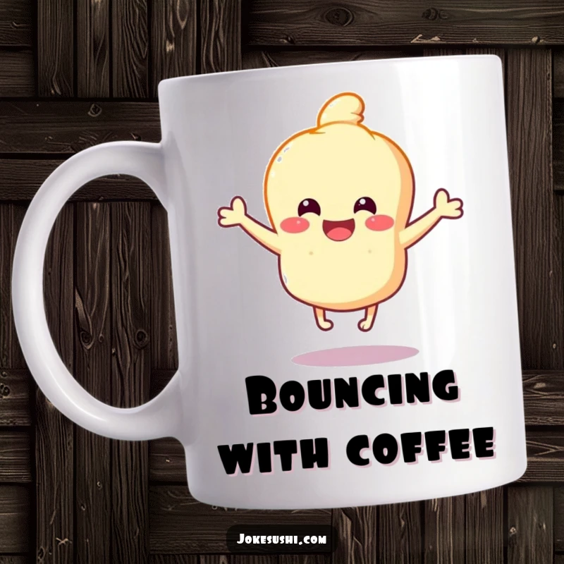 Funny Tempura Mug: Happy tempura character bouncing with joy on tiny legs, embodying happiness and making a great funny gift.