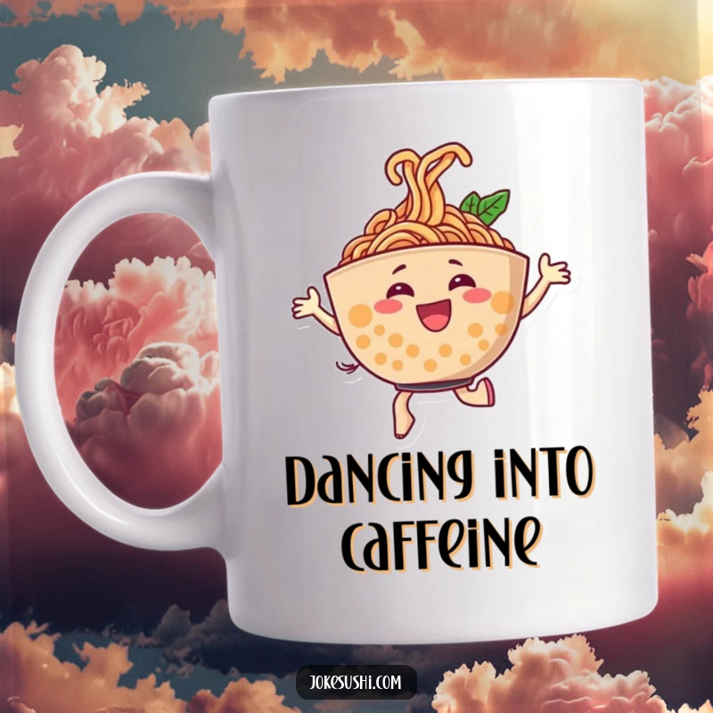 Funny mug featuring a cheerful ramen bowl character energetically dancing, its noodles swirling joyfully, perfect for ramen lovers.